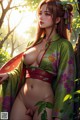 A woman in a green kimono is posing naked in the woods.