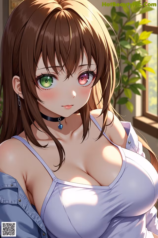 Anime girl with big tits posing in front of a window.