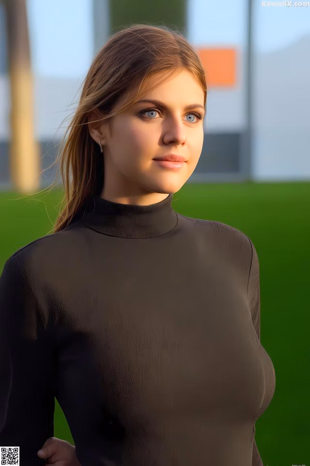 A woman in a black dress standing in front of a building.