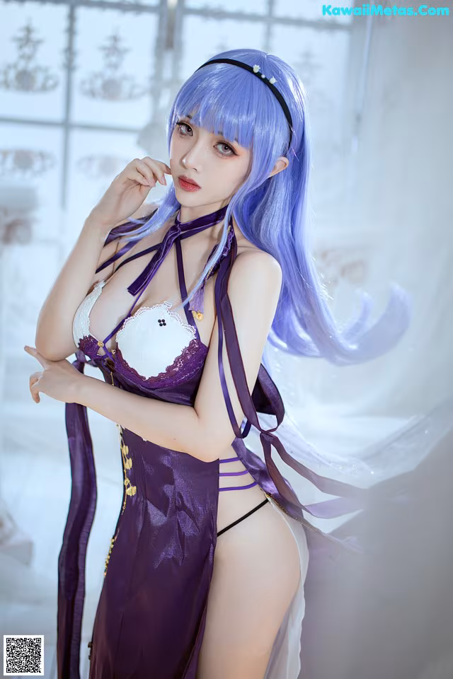 A woman with long blue hair wearing a purple dress.