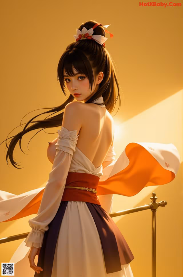 A woman in a white dress with a red sash.