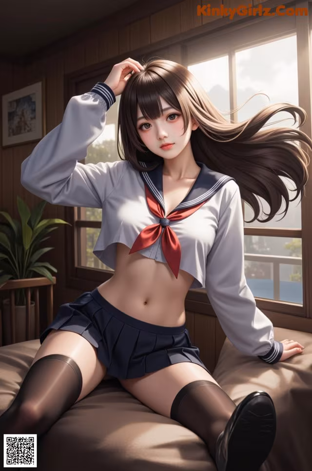 A woman in a school uniform sitting on a bed.