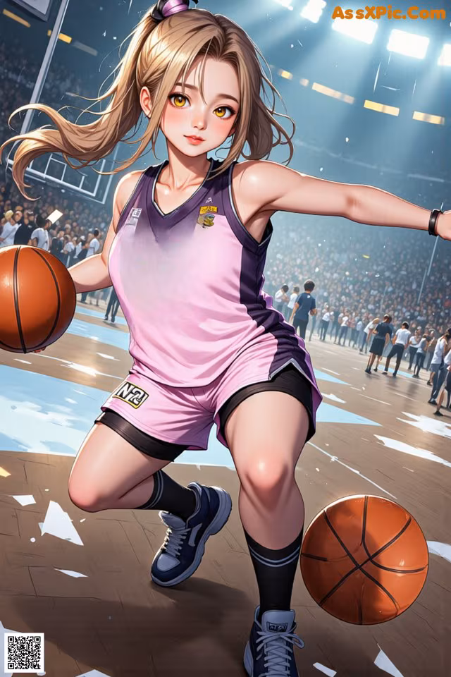 A girl in a pink uniform holding a basketball on a court.