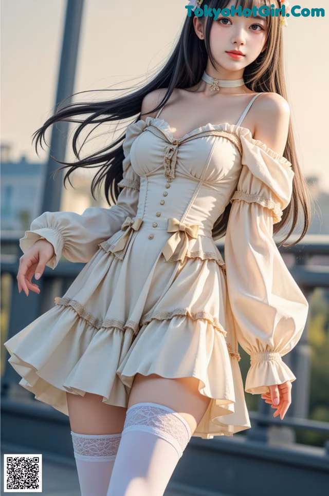 a woman in a dress and stockings posing for a picture