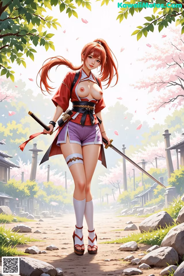 A woman in a red and purple outfit holds swords, standing outdoors with cherry blossoms.