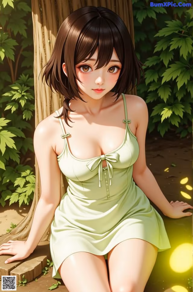 A woman in a green dress sitting under a tree.