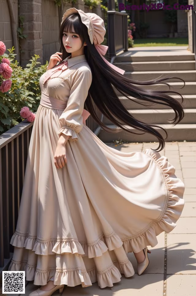 A woman in a long dress and hat posing for a picture.